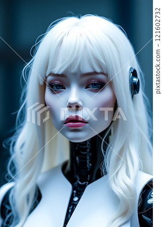 Futuristic humanoid robot with long white hair and intricate details stands in an urban setting Futuristic humanoid robot with long white hair and intricate details stands in an urban setting 121602732