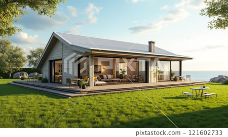 Modern seaside house with large windows and outdoor living space surrounded by greenery 121602733