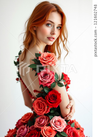Elegant model poses in floral dress adorned with vibrant roses against a minimalist background 121602748