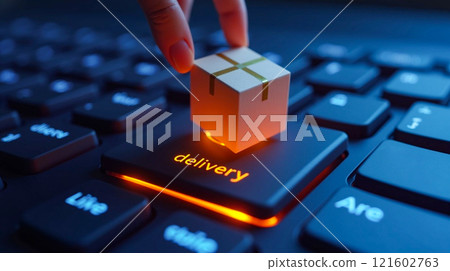Hand placing small gift box on keyboard highlighting delivery function for online shopping 121602763