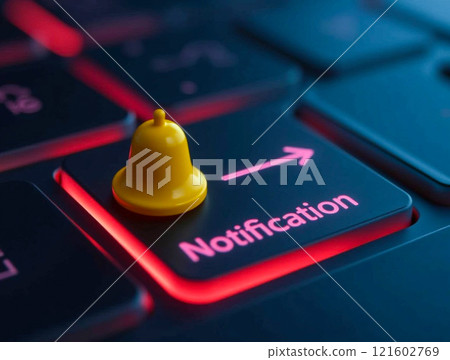 Notice of notifications with a yellow bell on a keyboard highlighting digital interactions and connectivity Notice of notifications with a yellow bell on a keyboard highlighting digital interactions and connectivity 121602769