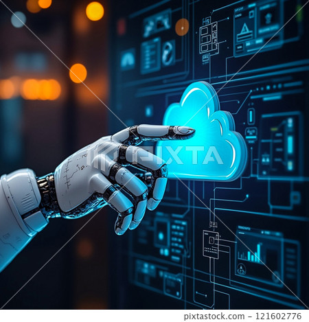 Futuristic robot hand interacting with cloud technology on a digital interface 121602776