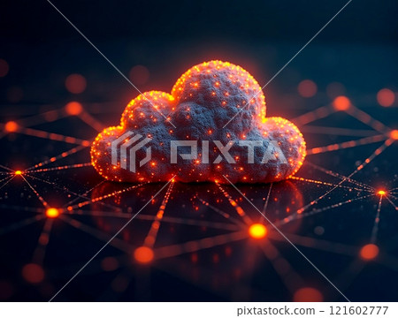 Digital cloud with glowing connections represents modern technology and data networking across a dark background Digital cloud with glowing connections represents modern technology and data networking across a dark background 121602777