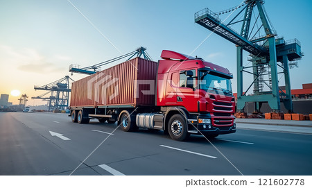 Red truck transporting container in port with cranes at sunset 121602778