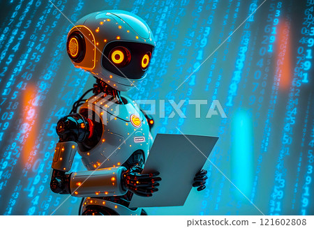 Robot holding a document in a futuristic digital environment with glowing binary code Robot holding a document in a futuristic digital environment with glowing binary code 121602808