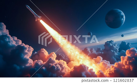 Rocket launching into space among colorful clouds and celestial bodies at dusk 121602837