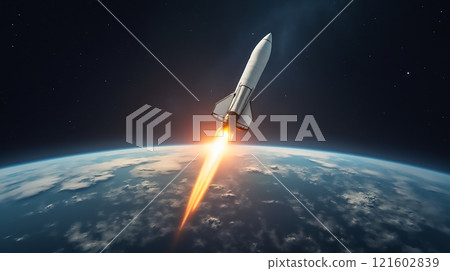 Rocket ascends into the dark expanse of space with a fiery plume during  121602839