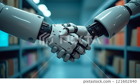 Robots engage in a handshake in a tech-inspired library setting during a demonstration of collaboration and innovation Robots engage in a handshake in a tech-inspired library setting during a demonstration of collaboration and innovation 121602840