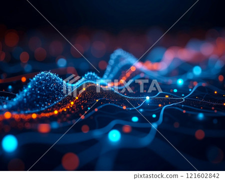 Digital wave patterns with vibrant blue and orange lights create an abstract representation of sound and data flow 121602842