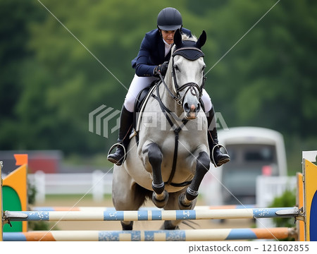 Equestrian athlete competes in show jumping event at a rural equestrian facility during summer Equestrian athlete competes in show jumping event at a rural equestrian facility during summer 121602855
