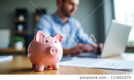 Financial planning with a pink piggy bank on the desk and a man working on a laptop in a modern office setting 121602878