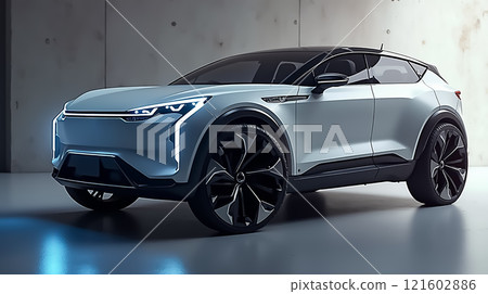 Sleek electric SUV showcases modern design and innovative technology in an indoor setting 121602886