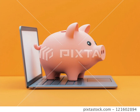 Piggy bank standing on a laptop with an orange background showcasing modern finance concepts 121602894