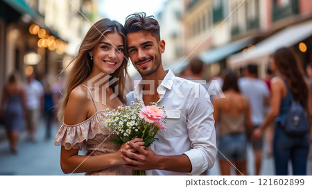 Young couple smiles while holding flowers in a quaint street filled with people during a warm afternoon 121602899