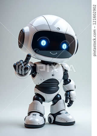 Cute futuristic robot with glowing eyes poses playfully against a light background 121602902