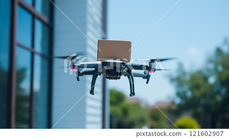 Drone delivers package outside modern building on a clear day with blue sky in the background Drone delivers package outside modern building on a clear day with blue sky in the background 121602907