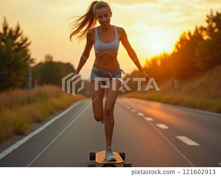 Skateboarding at sunset on an empty road with a confident young woman 121602913