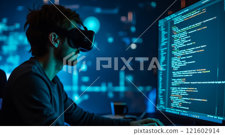 Young programmer uses virtual reality to enhance coding experience in modern workspace Young programmer uses virtual reality to enhance coding experience in modern workspace 121602914