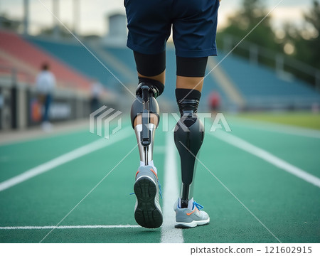 Runner with prosthetic legs trains on athletic track during afternoon practice session Runner with prosthetic legs trains on athletic track during afternoon practice session 121602915