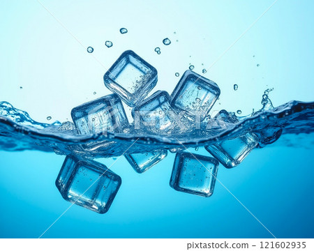 Ice cubes splash into clear water creating ripples and bubbles in a refreshing aquatic scene Ice cubes splash into clear water creating ripples and bubbles in a refreshing aquatic scene 121602935