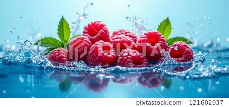 Fresh raspberries splashing in clear water against a blue backdrop create a vibrant and refreshing visual experience Fresh raspberries splashing in clear water against a blue backdrop create a vibrant and refreshing visual experience 121602937