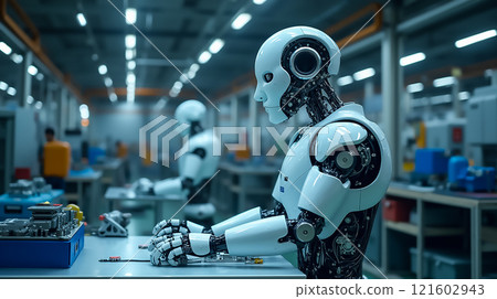 Robots assemble components in a modern factory setting during the daytime Robots assemble components in a modern factory setting during the daytime 121602943