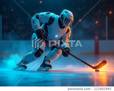 Advanced robotic hockey player gliding across ice with dynamic lighting effects 121602945