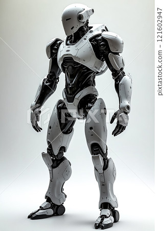 Futuristic humanoid robot stands poised in a neutral setting while showcasing advanced robotic design features and intricate detailing 121602947