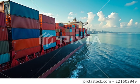 Cargo ship navigates calm waters near bustling port under a clear blue sky at sunrise 121602949