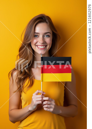 Young woman smiles while holding a small German flag against a bright yellow background 121602976