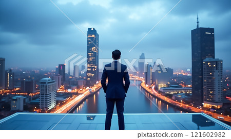 Business professional gazes at city skyline during twilight from rooftop terrace 121602982