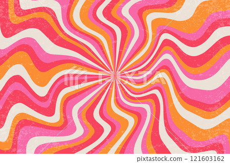 Retro spiral pattern. Vector groovy background with wavy sunrays. Psychedelic radial pink and orange textured abstract stripes. Vintage starburst 70s design. Striped twirl backdrop Retro spiral pattern. Vector groovy background with wavy sunrays. Psychedelic radial pink and orange textured abstract stripes. Vintage starburst 70s design. Striped twirl backdrop 121603162