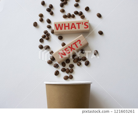 What is next symbol. Concept words What is next on wooden blocks. Beautiful white background with coffee cup and coffee beans. Business and What is next concept. Copy space. 121603261