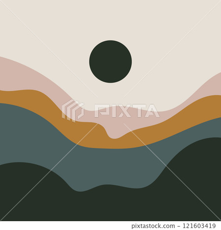 A laconic landscape with a blackout against the background of undulating mountains in dark green and ocher shades. The simplicity of the composition emphasizes the tranquility of nature. A laconic landscape with a blackout against the background of undulating mountains in dark green and ocher shades. The simplicity of the composition emphasizes the tranquility of nature. 121603419
