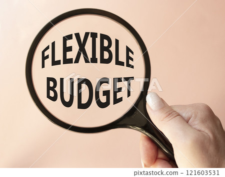 Flexible budget symbol. Concept words Flexible budget on magnifying glass. Beautiful pink background. Businessman hand. Business and Flexible budget concept. Copy space. 121603531