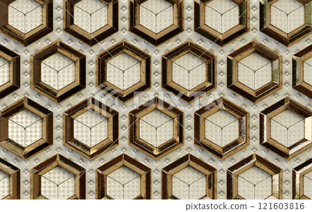 Abstract luxury background with golden hexagons. 3d rendering. Abstract luxury background with golden hexagons. 3d rendering. 121603816