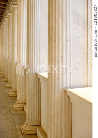 Columns of the Stoa of Attalos building at the Ancient Agora in Athens, Greece 121603827