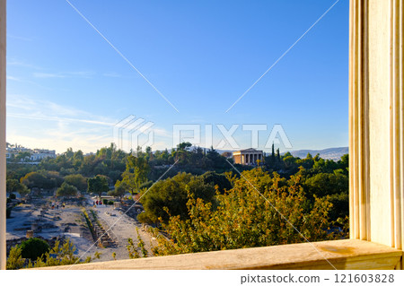 Ancient Agora of Athens with the Temple of Hephaestus in the background viewed from Stoa of Attalos, Athens, Greece 121603828