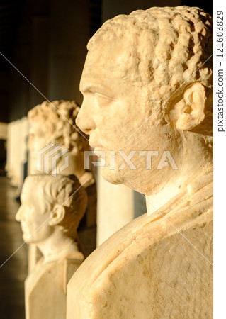 Busts in the Stoa of Attalos building at the Ancient Agora in Athens, Greece 121603829
