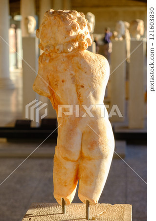 Statue in the Stoa of Attalos building at the Ancient Agora in Athens, Greece 121603830