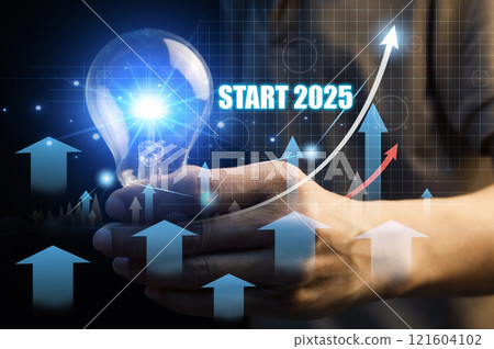 Businessman presses start button for 2025 of business and data analysis developing towards success in 2025 Businessman presses start button for 2025 of business and data analysis developing towards success in 2025 121604102