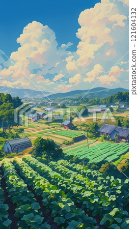 Growing fresh vegetables and fruits next to fields with solar panels, eco generation, illustration 121604132