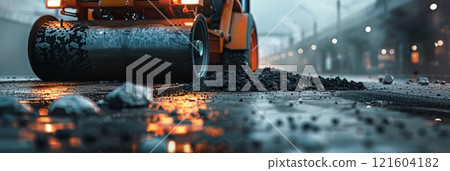 Laying fresh asphalt, road work with asphalt finisher , asphalt paver rolls asphalt, banner Laying fresh asphalt, road work with asphalt finisher , asphalt paver rolls asphalt, banner 121604182