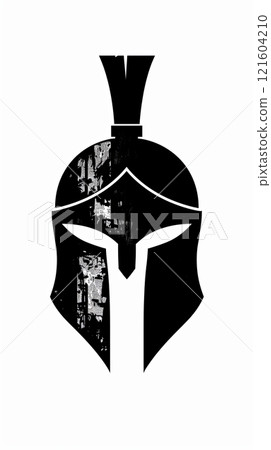 Illustration showcases an antique Spartan warrior helmet, silhouette of Greek Helmet, Antiques Roman helmet for head protection soldiers with a crest of feathers 121604210