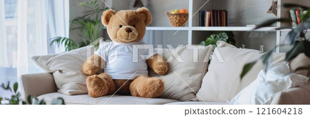 Bear in a white T-shirt, a leather sofa serves as the backdrop for a mockup featuring a large toy plush bear, adding a playful touch to any design presentation or marketing campaign, banner 121604218