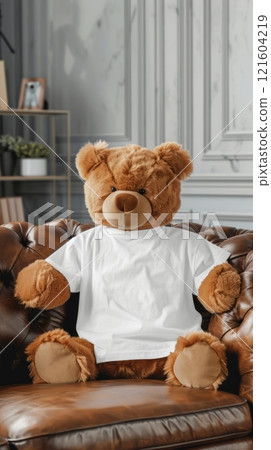 Bear in a white T-shirt, in a mockup setting, a plush bear takes center stage on a leather sofa, offering a charming and whimsical element that enhances the visual appeal of the scene Bear in a white T-shirt, in a mockup setting, a plush bear takes center stage on a leather sofa, offering a charming and whimsical element that enhances the visual appeal of the scene 121604219