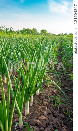 In the plantation fields, green onions thrive in dense, lush clusters, their crisp, green foliage thriving under optimal growing conditions, ideal for both cooking and garnishing 121604247