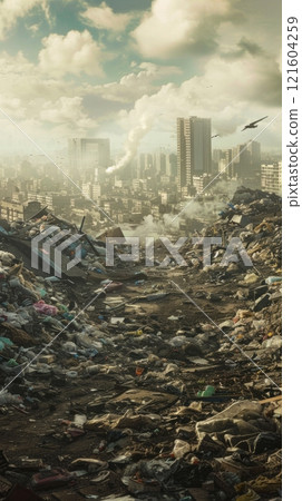 In a large city dump, towering heaps of garbage illustrate the volume of waste generated daily, underscoring the need for sustainable waste management solutions 121604259