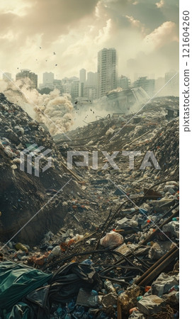 In a large city dump, towering heaps of garbage illustrate the volume of waste generated daily, underscoring the need for sustainable waste management solutions 121604260