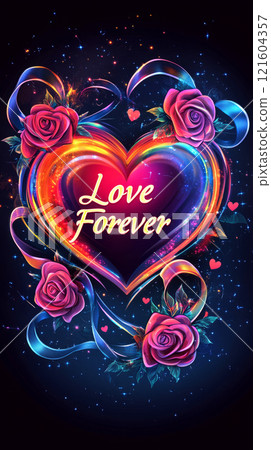 A romantic Valentine's Day card with a heart motif, adorned with ribbons, roses, and glowing Love Forever text, evoking affection and love A romantic Valentine's Day card with a heart motif, adorned with ribbons, roses, and glowing Love Forever text, evoking affection and love 121604357